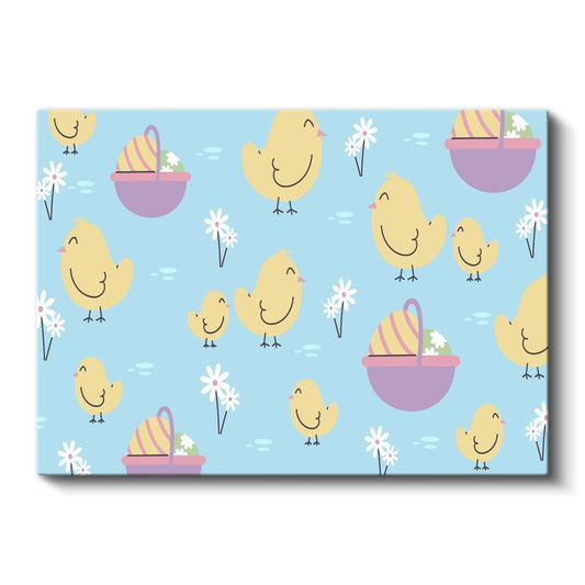 Sevimli Civcivler - Mavi Zeminde Çiçekli Desen Kanvas Tablo