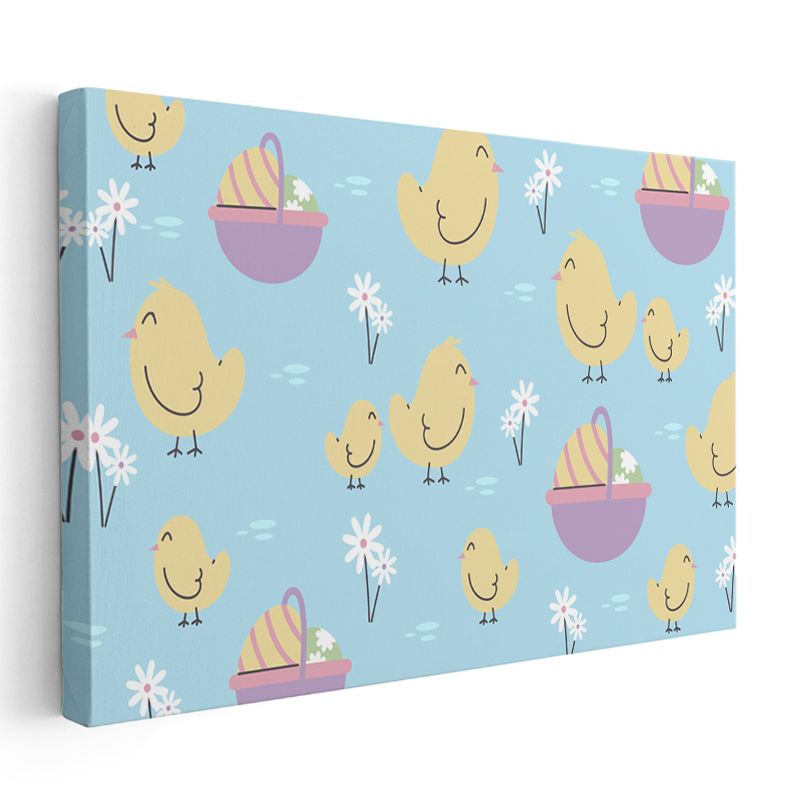 Sevimli Civcivler - Mavi Zeminde Çiçekli Desen Kanvas Tablo