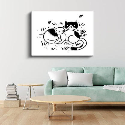 Kedi Dostlar - Siyah Beyaz Minimalist Çizim Kanvas Tablo