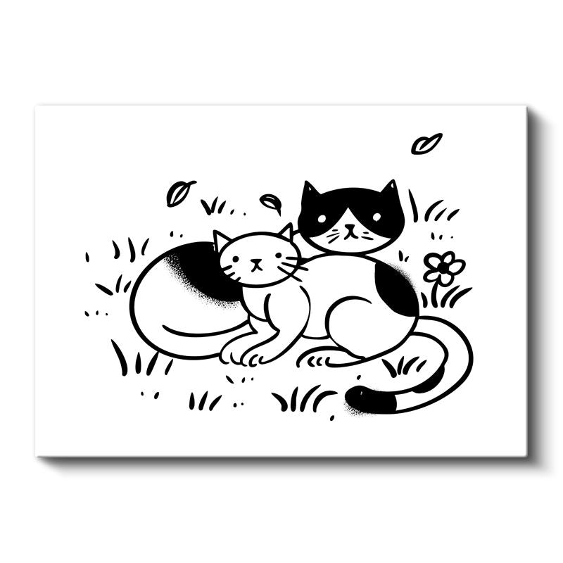 Kedi Dostlar - Siyah Beyaz Minimalist Çizim Kanvas Tablo