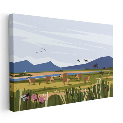 Doğa Manzarası - Çayırda Otlayan Hayvanlar Kanvas Tablo