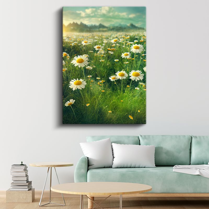 Papatya Çayırı - Dağ Manzaralı Bahar Kanvas Tablo