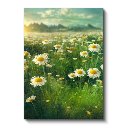 Papatya Çayırı - Dağ Manzaralı Bahar Kanvas Tablo