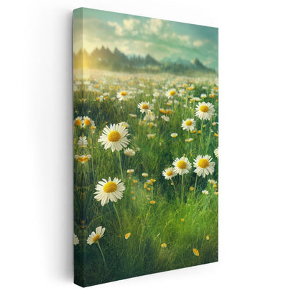 Papatya Çayırı - Dağ Manzaralı Bahar Kanvas Tablo