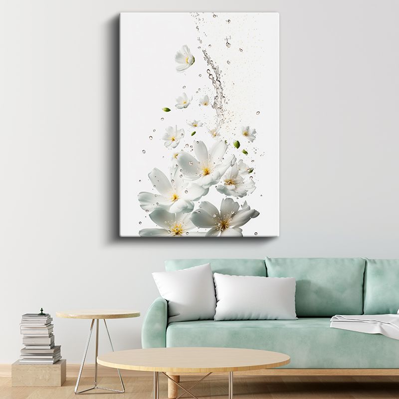 Beyaz Çiçek Sıçraması - Minimalist Su Damlacıkları Kanvas Tablo