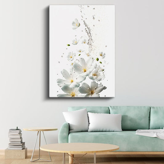 Beyaz Çiçek Sıçraması - Minimalist Su Damlacıkları Kanvas Tablo