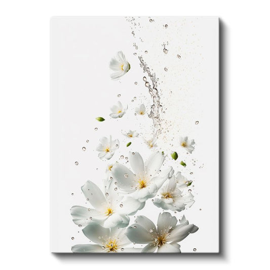 Beyaz Çiçek Sıçraması - Minimalist Su Damlacıkları Kanvas Tablo