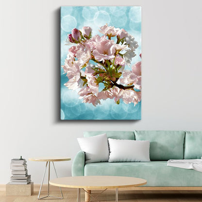Kiraz Çiçekleri - Turkuaz Fonda Bahar Dalı Kanvas Tablo