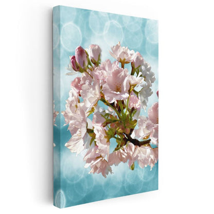 Kiraz Çiçekleri - Turkuaz Fonda Bahar Dalı Kanvas Tablo