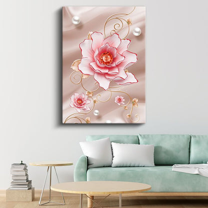 Zarif Çiçek İllüstrasyonu - İnci Detaylı Pembe Gül Kanvas Tablo