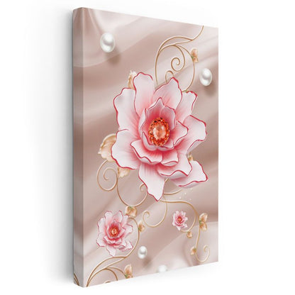 Zarif Çiçek İllüstrasyonu - İnci Detaylı Pembe Gül Kanvas Tablo
