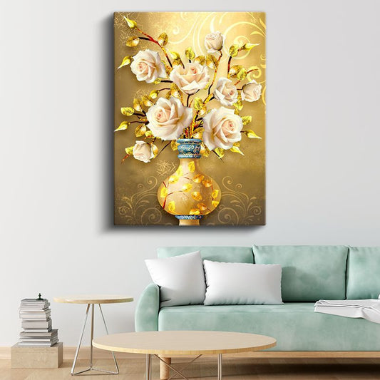 Altın Vazo - Lüks Beyaz Güller Kanvas Tablo