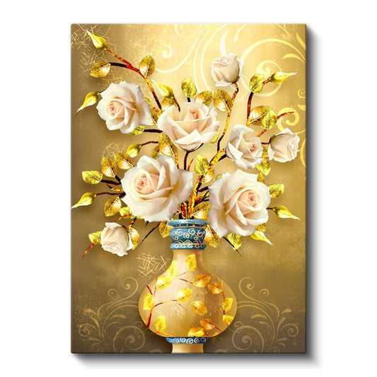 Altın Vazo - Lüks Beyaz Güller Kanvas Tablo