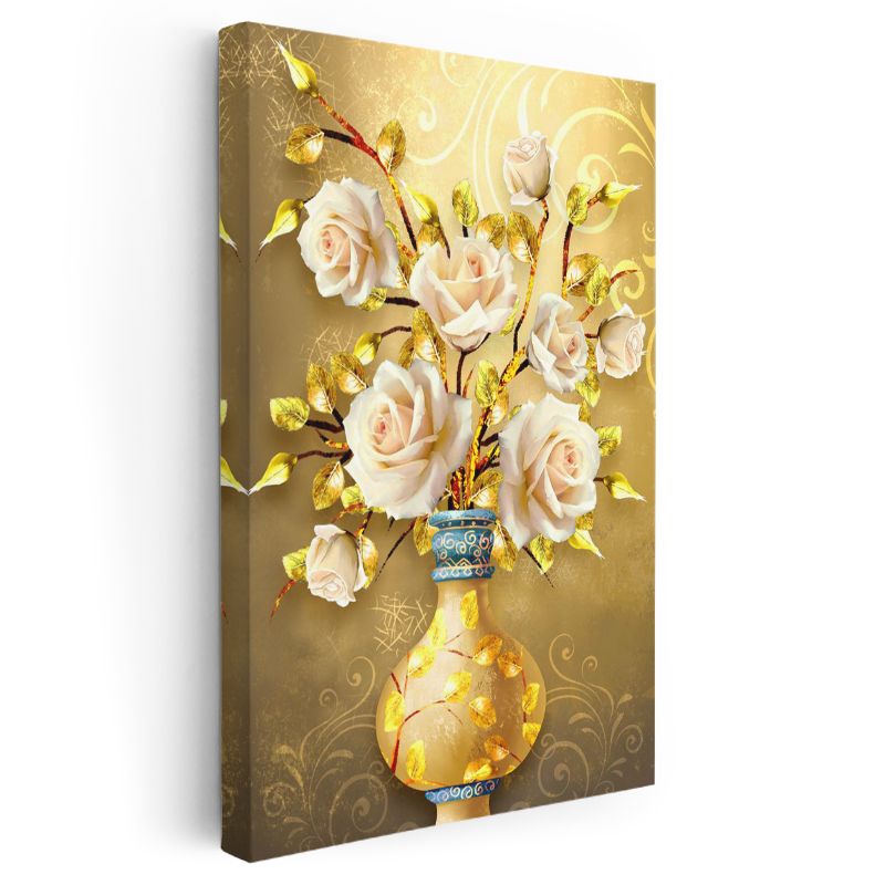 Altın Vazo - Lüks Beyaz Güller Kanvas Tablo