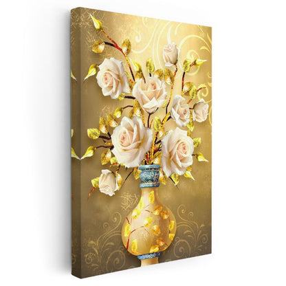 Altın Vazo - Lüks Beyaz Güller Kanvas Tablo