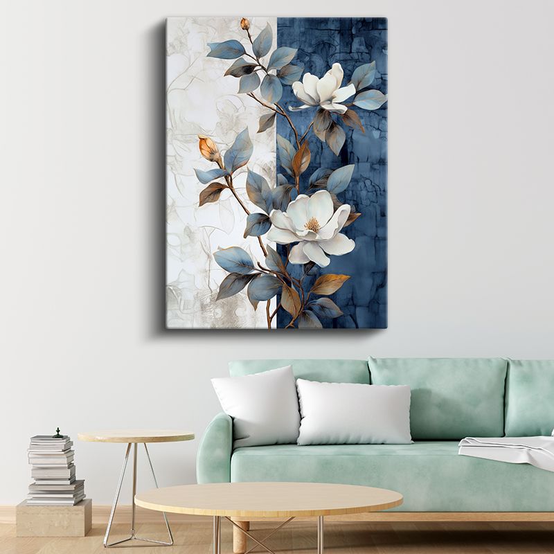 Mavi Beyaz Manolya - Kontrast Yapraklı Çiçek Kanvas Tablo