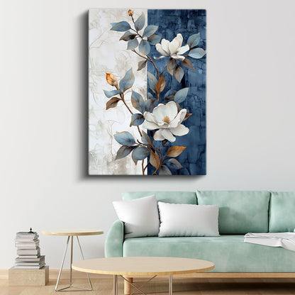 Mavi Beyaz Manolya - Kontrast Yapraklı Çiçek Kanvas Tablo