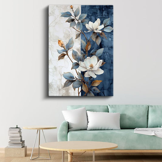 Mavi Beyaz Manolya - Kontrast Yapraklı Çiçek Kanvas Tablo