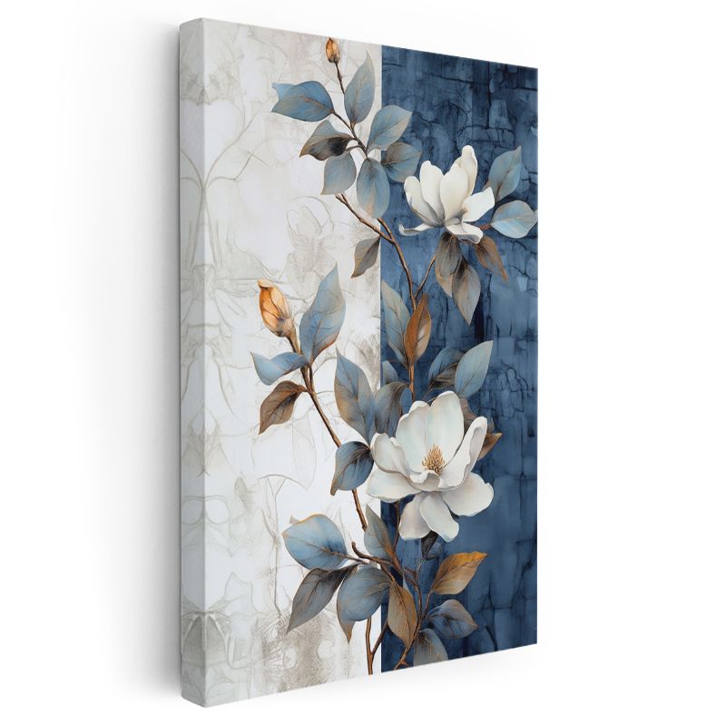 Mavi Beyaz Manolya - Kontrast Yapraklı Çiçek Kanvas Tablo