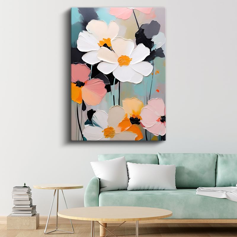 Modern Çiçek Buketi - Kalın Dokulu Pastel Renkli Kanvas Tablo