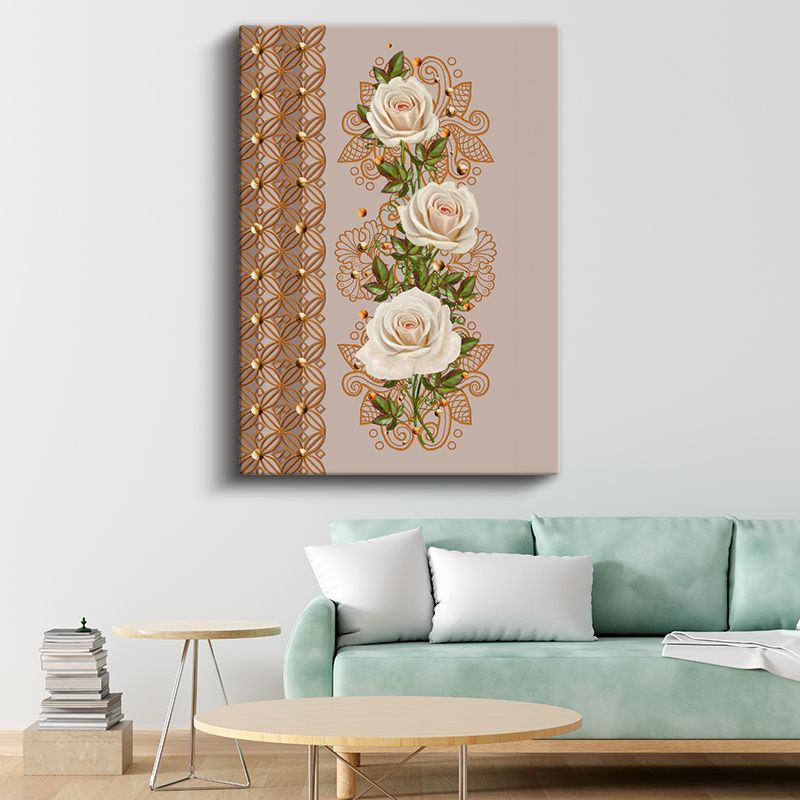 Altın Detaylı Güller - Bej Zemin Üzerinde Şık Kanvas Tablo