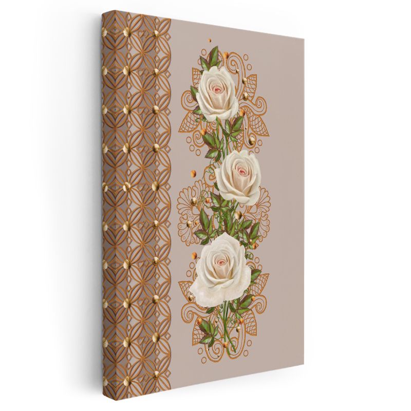 Altın Detaylı Güller - Bej Zemin Üzerinde Şık Kanvas Tablo