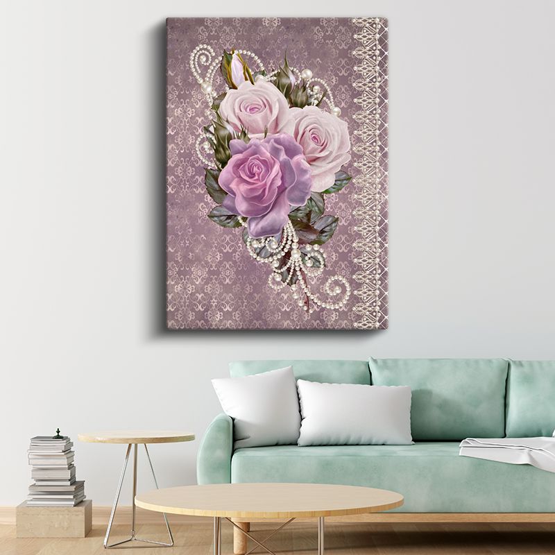 İnci Süslemeli Güller - Mor Damask Desenli Kanvas Tablo