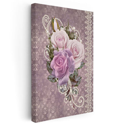 İnci Süslemeli Güller - Mor Damask Desenli Kanvas Tablo