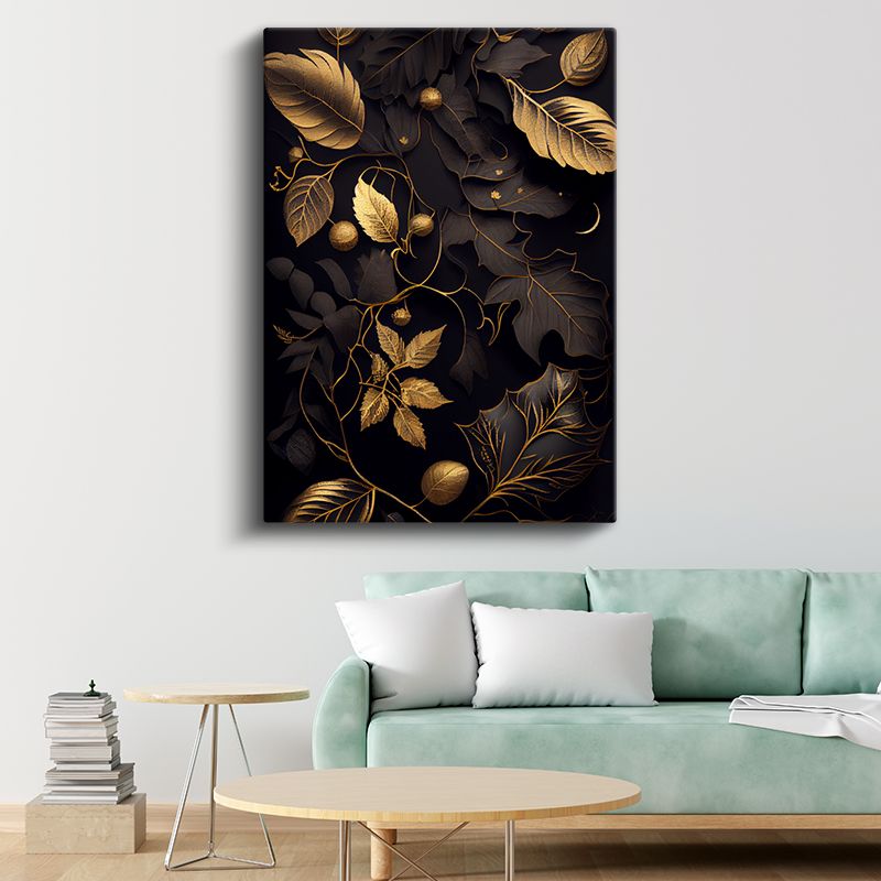 Altın Yapraklar - Lüks Siyah Botanik Kanvas Tablo
