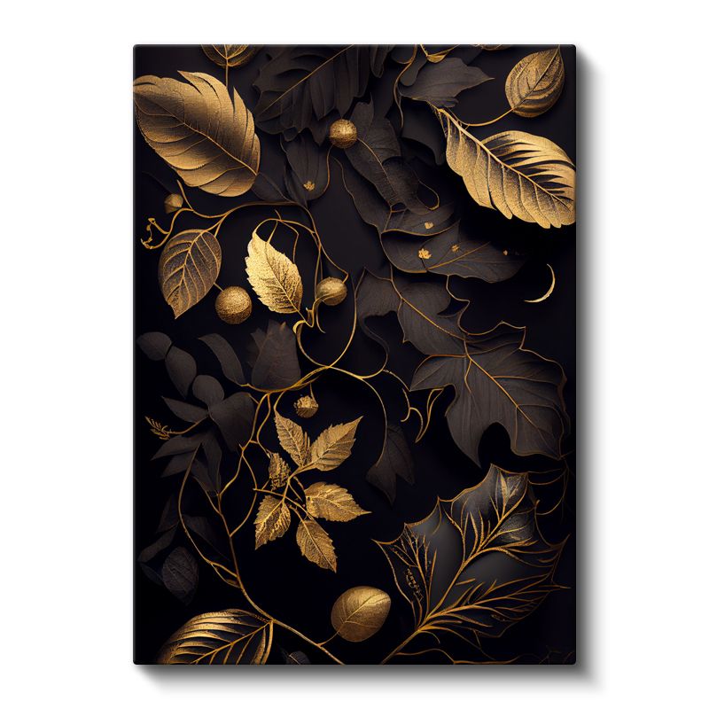Altın Yapraklar - Lüks Siyah Botanik Kanvas Tablo