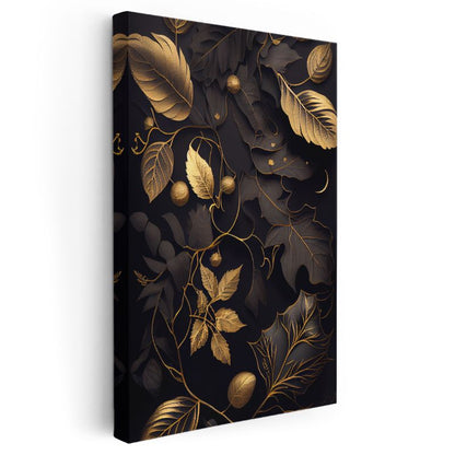 Altın Yapraklar - Lüks Siyah Botanik Kanvas Tablo