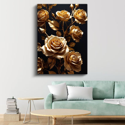 Altın Güller - Siyah Fonda Lüks Çiçek Kanvas Tablo