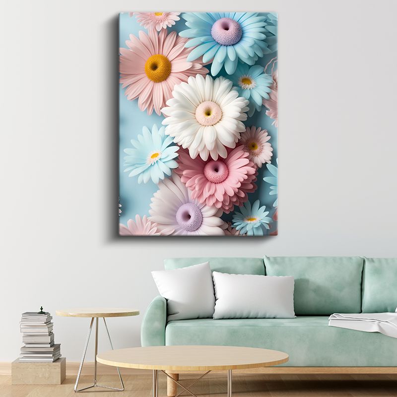 Pastel Papatyalar - Mavi Fonda Renkli Gerbera Kanvas Tablo