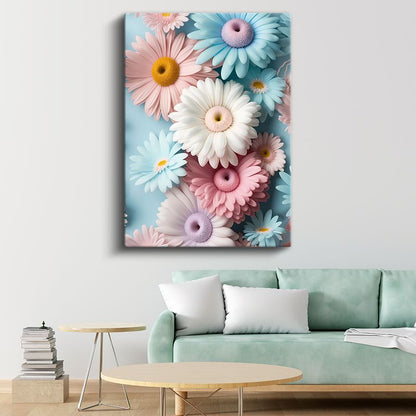 Pastel Papatyalar - Mavi Fonda Renkli Gerbera Kanvas Tablo