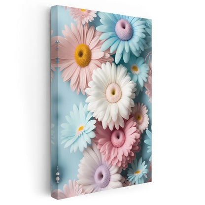 Pastel Papatyalar - Mavi Fonda Renkli Gerbera Kanvas Tablo