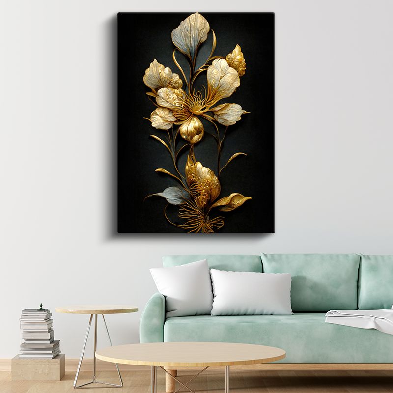 Altın Lotus Çiçeği - Siyah Fonda Zarif Botanik Kanvas Tablo
