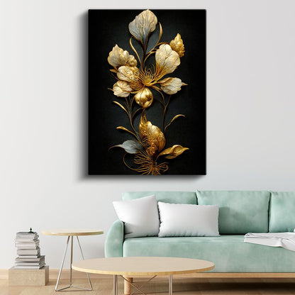 Altın Lotus Çiçeği - Siyah Fonda Zarif Botanik Kanvas Tablo