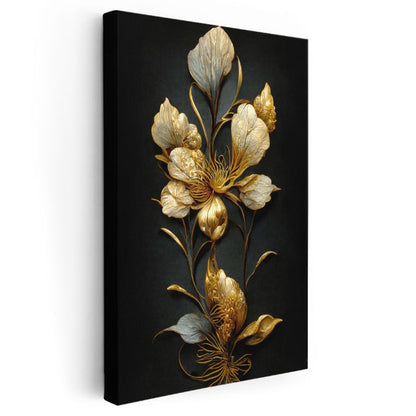 Altın Lotus Çiçeği - Siyah Fonda Zarif Botanik Kanvas Tablo