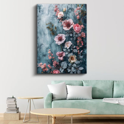 Pembe Çiçekler - Mavi Dokulu Arka Plan Kanvas Tablo