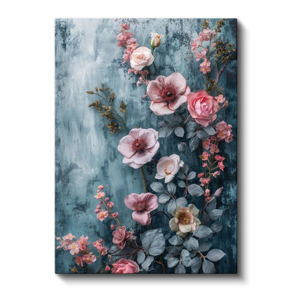 Pembe Çiçekler - Mavi Dokulu Arka Plan Kanvas Tablo