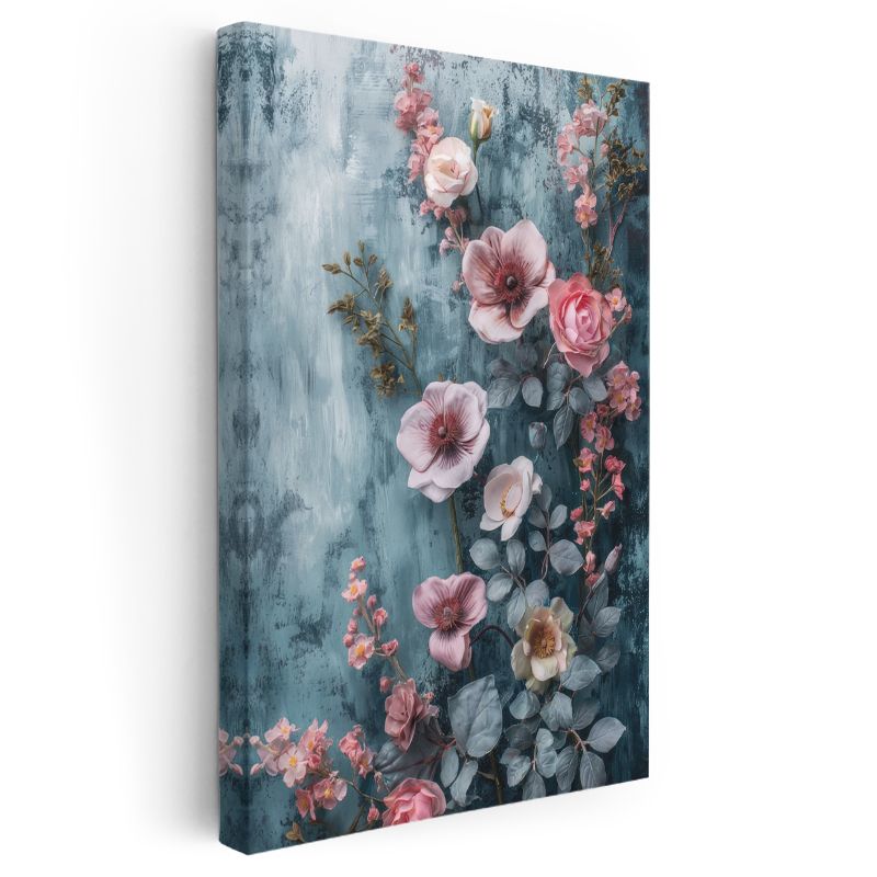 Pembe Çiçekler - Mavi Dokulu Arka Plan Kanvas Tablo