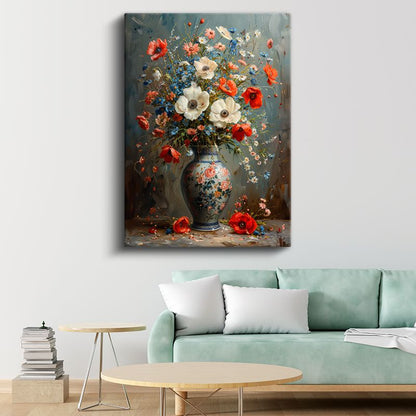 Klasik Çiçek Buketi - Porselen Vazoda Gelincikler Kanvas Tablo