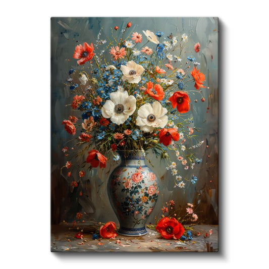 Klasik Çiçek Buketi - Porselen Vazoda Gelincikler Kanvas Tablo
