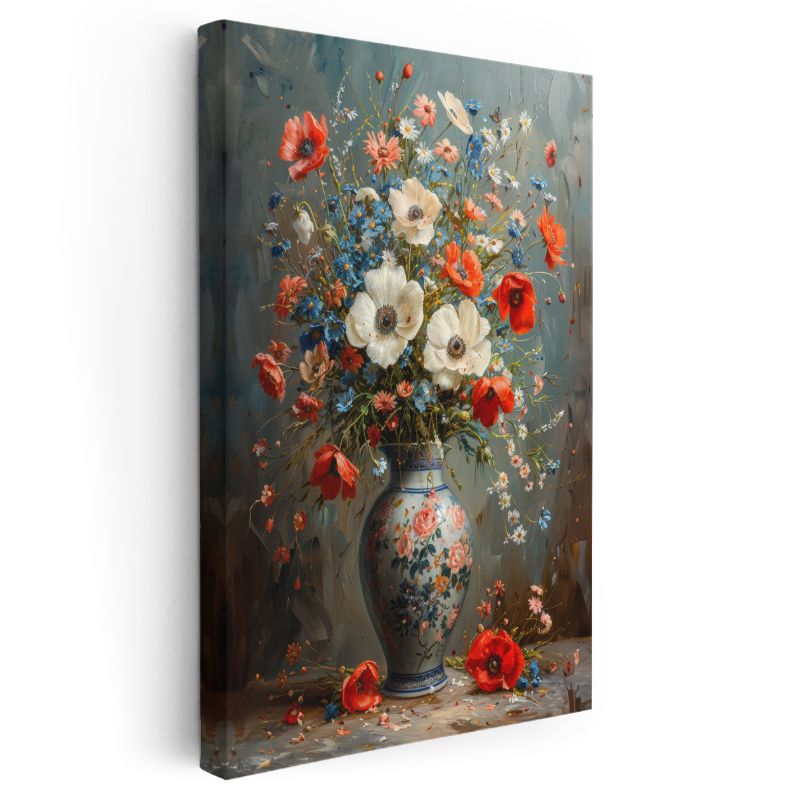 Klasik Çiçek Buketi - Porselen Vazoda Gelincikler Kanvas Tablo