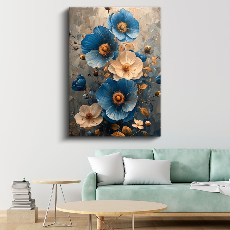 Mavi Çiçekler - Altın Detaylı Zarif Kompozisyon Kanvas Tablo
