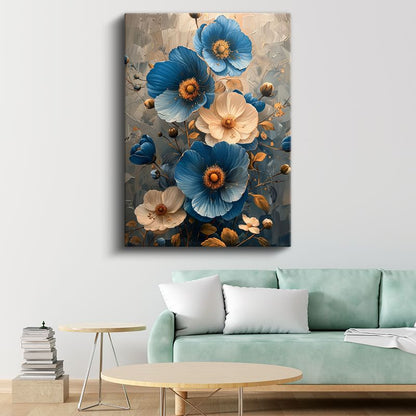 Mavi Çiçekler - Altın Detaylı Zarif Kompozisyon Kanvas Tablo