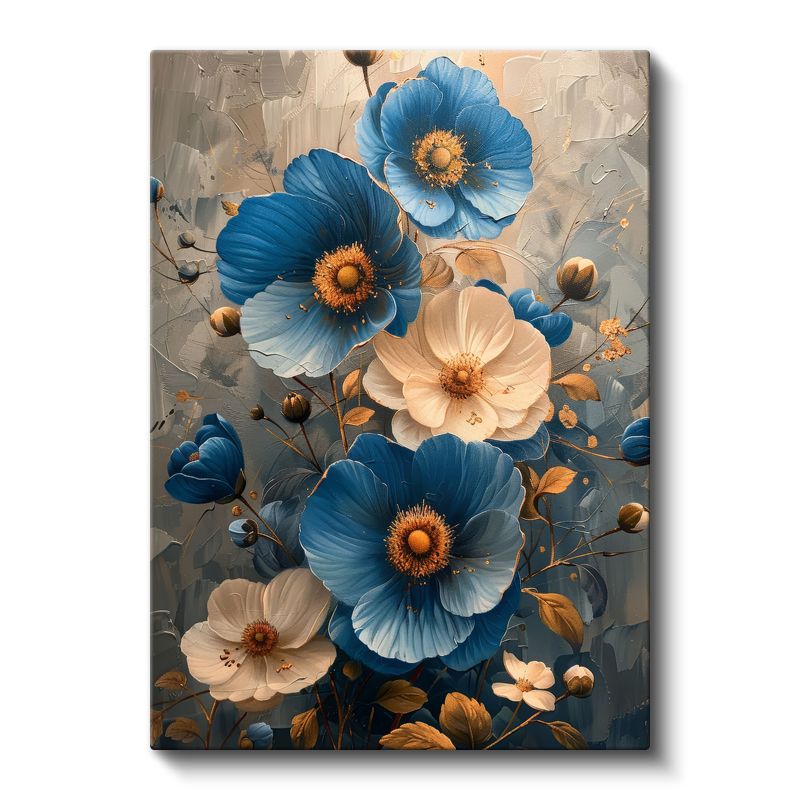 Mavi Çiçekler - Altın Detaylı Zarif Kompozisyon Kanvas Tablo