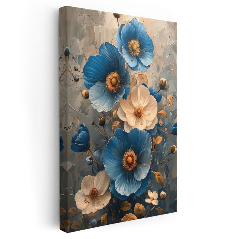 Mavi Çiçekler - Altın Detaylı Zarif Kompozisyon Kanvas Tablo