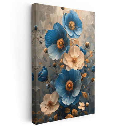 Mavi Çiçekler - Altın Detaylı Zarif Kompozisyon Kanvas Tablo