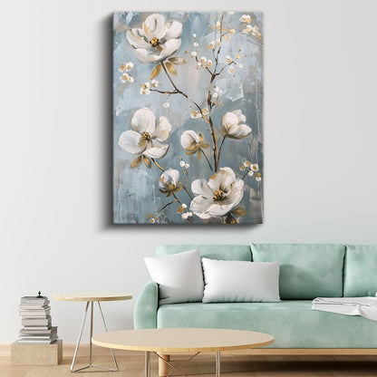 Beyaz Çiçekler - Mavi Fonda Altın Yapraklı Kanvas Tablo